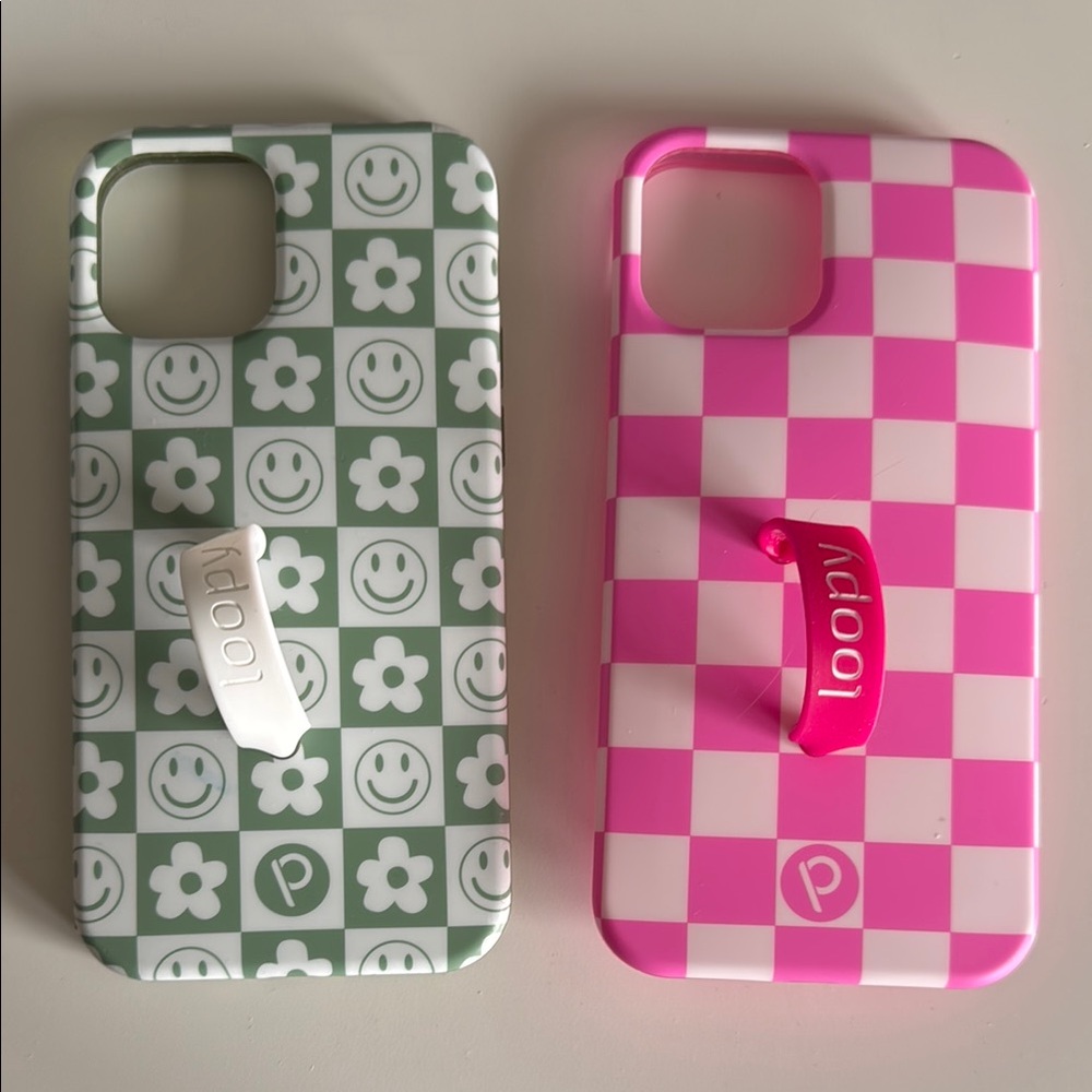 Loopy Cases iPhone 12 bright pink checkered sage green smiley faces